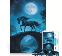 Rompecabezas de 1000 Piezas para Adultos Caballo Negro cabalgando sobre Estrellas Diversión con Corte preciso,Juego de lógica y Entretenimiento,Escena navideña 38x52cm
