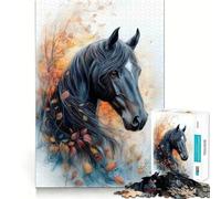 Rompecabezas de 1000 Piezas para Adultos Caballo Negro en otoño,diseño de Corte preciso,Divertido,Que estimula la lógica y el Pensamiento,Ideal y para Disfrutar de una Escena navideña