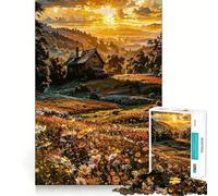 Rompecabezas de 1000 Piezas para Adultos Cabaña en un Prado Floral al Atardecer Juego de ingenio artístico Juego Lento Decoración navideña para Pared (38x26cm)