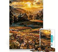 Rompecabezas de 1000 Piezas para Adultos Cabaña en un Prado Floral al Atardecer Piezas de Corte Limpio Juego de Habilidad Mental Momento de relajación Diversión Escena navideña Arte (50x75cm)