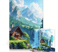 Rompecabezas de 1000 Piezas para Adultos Cabaña Junto a una Cascada en un Paisaje de montaña Piezas de Corte Limpio Juego de Habilidad Mental Momento de relajación Diversión Escena navideña Arte