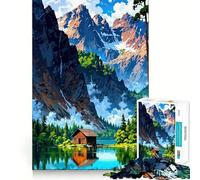 Rompecabezas de 1000 Piezas para Adultos Cabaña Junto al Lago,Paisaje de montaña Juego de lógica de Ajuste Juguete Divertido Juego Gratuito Regalo de cumpleaños (50x75cm)
