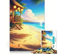 Rompecabezas de 1000 Piezas para Adultos Cabaña Tropical en la Playa al Atardecer, Estilo Chibi, Corte preciso, Divertido Juego de ingenio, Actividad de Ocio para cumpleaños (38x52cm)