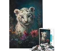 Rompecabezas de 1000 Piezas para Adultos Cachorro de Tigre Blanco Entre Flores Rompecabezas de 1000 Piezas para decoración de Pared Corte de precisión Toda la Familia (75x50cm)
