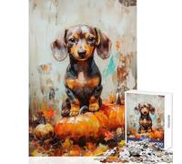 Rompecabezas de 1000 Piezas para Adultos: Cachorro Salchicha sobre Calabazas Pintura DIY Regalos para Mujeres y Hombres Juego Educativo con póster a Juego y Hoja de Trivia (tamaño 50x75cm)