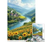 Rompecabezas de 1000 Piezas para Adultos Campo de Girasoles Junto al río y un Pueblo Divertidos Juegos para Toda la Familia Juguete Educativo Ideal para Decorar el Escritorio (26x38cm)