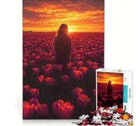 Rompecabezas de 1000 Piezas para Adultos Campo de Tulipanes al Atardecer con una Mujer Juegos Divertidos interacción Entre Padres e Hijos con póster y Hoja de Preguntas a Juego 50x75cm