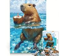 Rompecabezas de 1000 Piezas para Adultos: Capibara disfrutando de una Bebida de Coco en el océano Juguete antiestrés Regalo de cumpleaños único 50x75cm