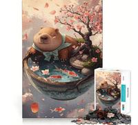 Rompecabezas de 1000 Piezas para Adultos Capibara en Cuenco con Carpas koi y Flores de Cerezo Piezas de Corte Limpio Juego de Habilidad Mental Momento de relajación Diversión Escena navideña Arte