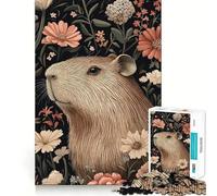 Rompecabezas de 1000 Piezas para Adultos Capibara en un jardín Floral Piezas de Corte Limpio Juego de Habilidad Mental Momento de relajación Diversión Escena navideña Arte (50x75cm)