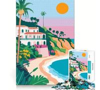 Rompecabezas de 1000 piezas para adultos Casa de playa española en California,puesta de sol en tonos pastel,ilustración minimalista,arte,corte preciso,divertido juego de ingenio,tiempo libre,actividad