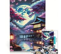 Rompecabezas de 1000 Piezas para Adultos: Casa Japonesa bajo la luz de la Luna con Flores de Cerezo, Juego Educativo, decoración para el hogar, colección de Artistas, Bellas Artes 50x75cm