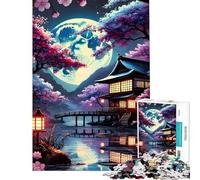 Rompecabezas de 1000 Piezas para Adultos Casa Japonesa bajo la luz de la Luna con Flores de Cerezo Juego de Rompecabezas para Adultos Ideal para familias o para Navidad Regalos para cumpleaños