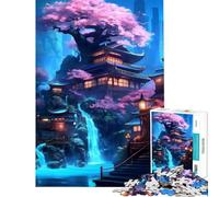 Rompecabezas de 1000 Piezas para Adultos Cascada neón Templo Desafío Educativo Difícil Juegos relajantes Apto para Mayores de 14 años (38x26cm)