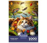 Rompecabezas De 1000 Piezas para Adultos Cat on Lily Pad with Jumping Fish Rompecabezas para Adultos Juguetes Antiestrés Carrera De Velocidad Manual Interacción Entre Padres E Hijos 52x38cm/1000pcs