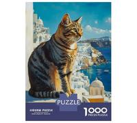 Rompecabezas De 1000 Piezas para Adultos Cat Overlooking Santorini Rompecabezas Juego De Ingenio Carrera De Velocidad De Manos Interacción Entre Padres E Hijos 38x26cm/1000pcs