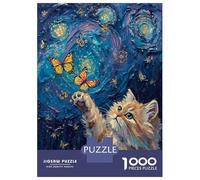 Rompecabezas De 1000 Piezas para Adultos Cat Reaching for Butterflies in Starry Night Rompecabezas para Adolescentes Juguetes Antiestrés Patrón De Ensamblaje Cumpleaños 70x50cm/100