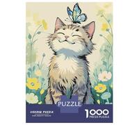 Rompecabezas De 1000 Piezas para Adultos Cat with Butterfly in Flower Field Rompecabezas para Adultos Juego Práctico Decoración del Hogar Regalos De Cumpleaños Y Únicos 52x38cm/1000pcs