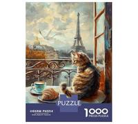 Rompecabezas De 1000 Piezas para Adultos Cat with Croissant in Paris Painting Rompecabezas para Adultos Juego Familiar Alivia El Estrés Difícil Y Desafiante 52x38cm/1000pcs