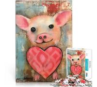 Rompecabezas de 1000 Piezas para Adultos Cerdito de San Valentín con un Lindo corazón en técnica Mixta Juego práctico Ideas de Regalos 52x38cm