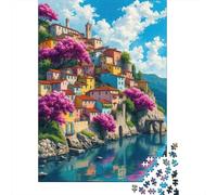 Rompecabezas De 1000 Piezas Para Adultos Charming Mediterranean Village with Pink Blossoms Rompecabezas Para Adultos Juegos Familiares Que Mejoran La Memoria Interacción Entre Padres E Hijos 70x50cm/1