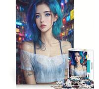 Rompecabezas de 1000 Piezas para Adultos: Chica Anime Cyberpunk en una Ciudad neón bajo la Lluvia Juego práctico para Entrenar tu Cerebro y Tus Manos Cada Pieza es única 38x52cm