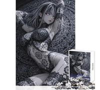 Rompecabezas de 1000 Piezas para Adultos Chica Anime Tatuada sobre Fondo ornamentado Juegos Familiares para divertirse en Familia Juguetes de decoración para el hogar con póster y Hoja de Preguntas