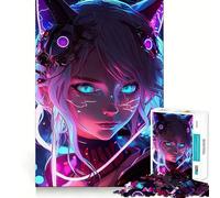 Rompecabezas de 1000 Piezas para Adultos Chica Gato Azul neón Anime,Piezas de Corte Limpio,Juego de Habilidad Mental,Momento de Calma,diversión,Escena navideña,Arte (38x52cm)