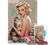 Rompecabezas de 1000 Piezas para Adultos Chica Pin-up Rubia con Gatito Adorable Juego de Bordes limpios,Juego de lógica,Juego de Entretenimiento,decoración navideña 50x75cm