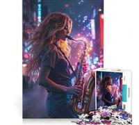 Rompecabezas de 1000 Piezas para Adultos Chica Tocando el saxofón en una Ciudad neón Juego práctico Carrera de Velocidad con Piezas de Formas aleatorias Que encajan Perfectamente 38x26cm