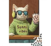Rompecabezas De 1000 Piezas para Adultos Chill Cat with Bubble Tea Rompecabezas para Adultos Juegos Familiares Decoración del Hogar Desafío Educativo 38x26cm/1000pcs