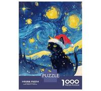 Rompecabezas De 1000 Piezas para Adultos Christmas Black Cat Santa Hat Rompecabezas para Adultos Juegos De Relajación Regalo De Cumpleaños Interacción Entre Padres E Hijos 52x38cm/1000pcs