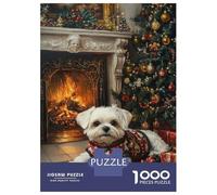 Rompecabezas De 1000 Piezas para Adultos Christmas Maltese Dog by Fireplace Rompecabezas para Adultos Juguetes Antiestrés Corte De Precisión Actividades Divertidas En Casa 70x50cm/1000pcs