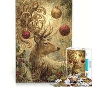 Rompecabezas de 1000 Piezas para Adultos: Ciervo navideño con Adornos y Acebo, Juego de ingenio, dificultad Alta, para Fortalecer el Amor en Pareja 38x52cm