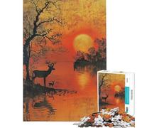 Rompecabezas de 1000 Piezas para Adultos Ciervo y Cervatillo Junto al Lago al Atardecer Rompecabezas para Adultos Juegos relajantes una Obra de Arte difícil y desafiante (tamaño 38x52cm)
