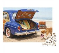Rompecabezas de 1000 Piezas para Adultos: Coche clásico de Paseo a la Playa, Coche Azul Colorido con Perro en la Playa. Bellamente ilustrado. 70x50cm/1000 Piezas.