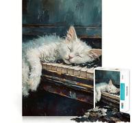 Rompecabezas de 1000 Piezas para Adultos con diseño de Gato Blanco durmiendo sobre un Piano Juguete Que desafía la Mente Corte preciso y alineación Actividad Nocturna Divertida