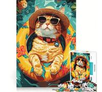 Rompecabezas de 1000 Piezas para Adultos con diseño de Gato flotando en la Piscina y Sombrero, Juegos educativos, para la diversión Familiar, colección de Artistas, Bellas Artes 38x26cm