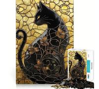 Rompecabezas de 1000 Piezas para Adultos con diseño de Gato Negro en vidriera artística,Juego de concentración Mental,Juego para Momentos de Tranquilidad,Actividad de cumpleaños 38x26cm
