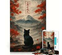 Rompecabezas de 1000 Piezas para Adultos con diseño de Gato Negro y el Monte Fuji Arte de Bordes precisos Juego de ingenio Regalo Ideal para Pasar un rato Agradable Divertido 38x26cm