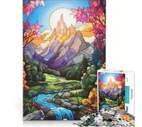 Rompecabezas de 1000 Piezas para Adultos con diseño de Paisaje montañoso de vidrieras Juegos Divertidos interacción Entre Padres e Hijos con póster y Hoja de Preguntas a Juego 50x75cm