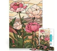 Rompecabezas de 1000 Piezas para Adultos con diseño de peonías en vidrieras, Piezas de Corte Limpio, Juego de ingenio, Momento de relajación, Escena navideña (38x52cm)