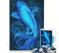 Rompecabezas de 1000 Piezas para Adultos con diseño Digital de pez koi Azul, Juguetes para armar, Entrena tu Cerebro y Tus Manos, con póster y Hoja de Preguntas a Juego 38x26cm