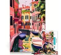 Rompecabezas de 1000 piezas para adultos con escena de los canales de Venecia en tonos pastel,ilustración minimalista,arte de corte suave,actividad cerebral inteligente,diversión para el tiempo,regalo