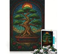 Rompecabezas de 1000 Piezas para Adultos con ilustración de un bonsái en vidriera Juegos Divertidos interacción Entre Padres e Hijos con póster y Hoja de Preguntas a Juego 50x75cm