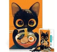 Rompecabezas de 1000 Piezas para Adultos con ilustración de un Gato Negro Comiendo Ramen Juego de Bordes Juego cognitivo Regalo Ideal para Jugar sin Hacer Nada Juego de cumpleaños (50x75cm)