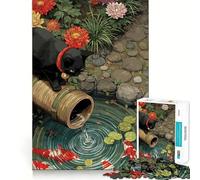Rompecabezas de 1000 Piezas para Adultos con ilustración de un Gato Negro y un Estanque de Carpas koi Ideal para Recortar,Decorar,concentrarse,Jugar y Relajarse Escena navideña Arte (38x52cm)