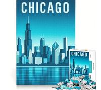 Rompecabezas de 1000 Piezas para Adultos con ilustración del Horizonte de Chicago en Tonos Azules Juego de ingenio Actividades Divertidas para Hacer en casa colección de Artistas Bellas Artes 38x52cm