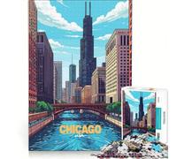 Rompecabezas de 1000 Piezas para Adultos con ilustración del Paisaje Urbano de Chicago Juego práctico, antiestrés, Toda la Familia 38x26cm