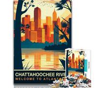 Rompecabezas de 1000 Piezas para Adultos con Puesta de Sol en el río Chattahoochee, Juguetes educativos, Juegos Familiares con póster a Juego y Hoja de Trivia (38x26cm)